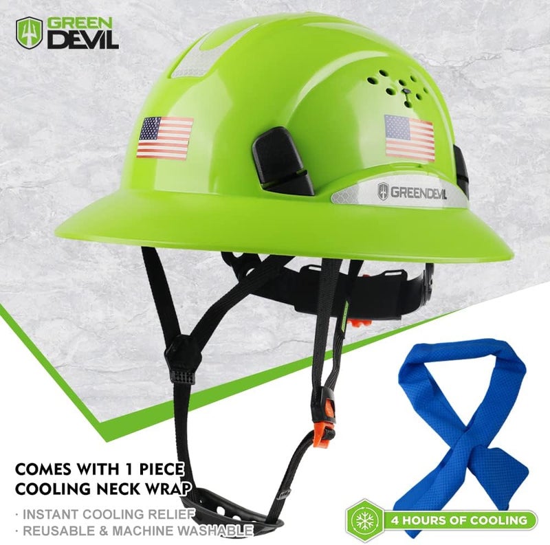 GREEN DEVIL Full Brim Hard Hat Vented Construction Safety Helmet OSHA Approved Cascos De Construccion Work Hardhats with Cooling Towel for Men&Women 6 Point Adjustable Ratchet Suspension - Image 2